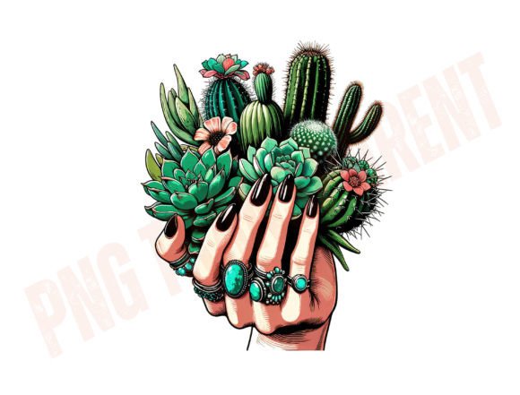 Boho Cactus Succulent Png, Black Nails: Desert-Chic Graphics