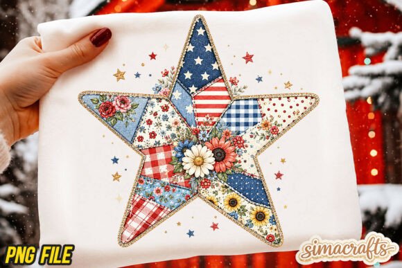 Floral USA Patchwork Star PNG: A Patriot's Bouquet in Pixels